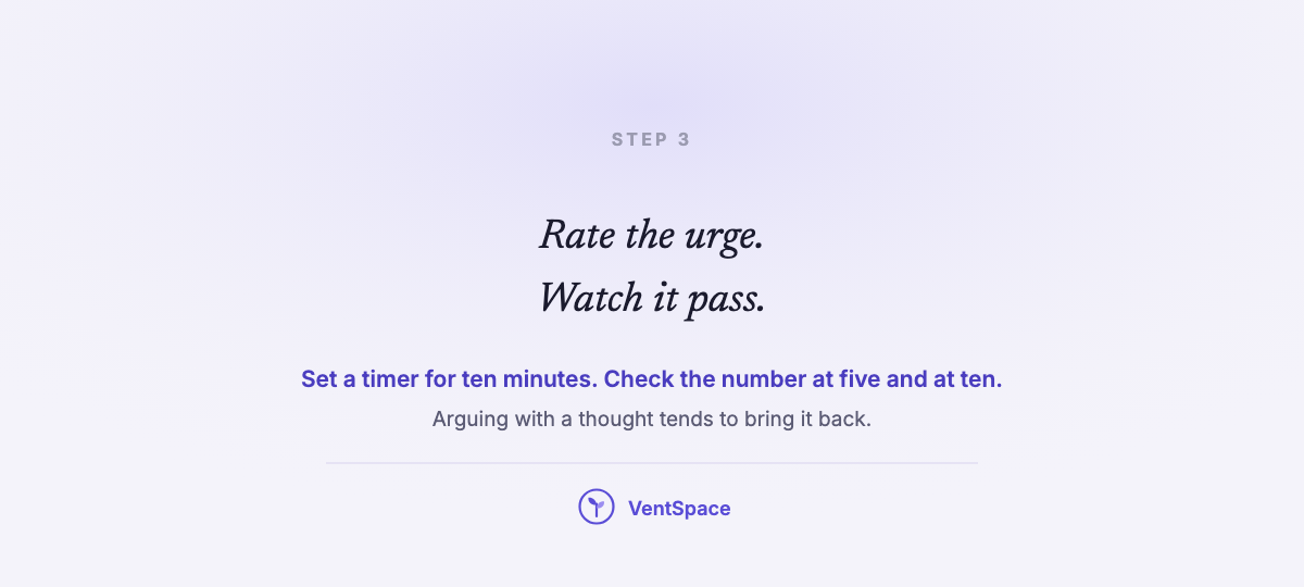 A card reading rate the urge, watch it pass, with the advice to set a ten-minute timer and check the number at five and ten minutes.