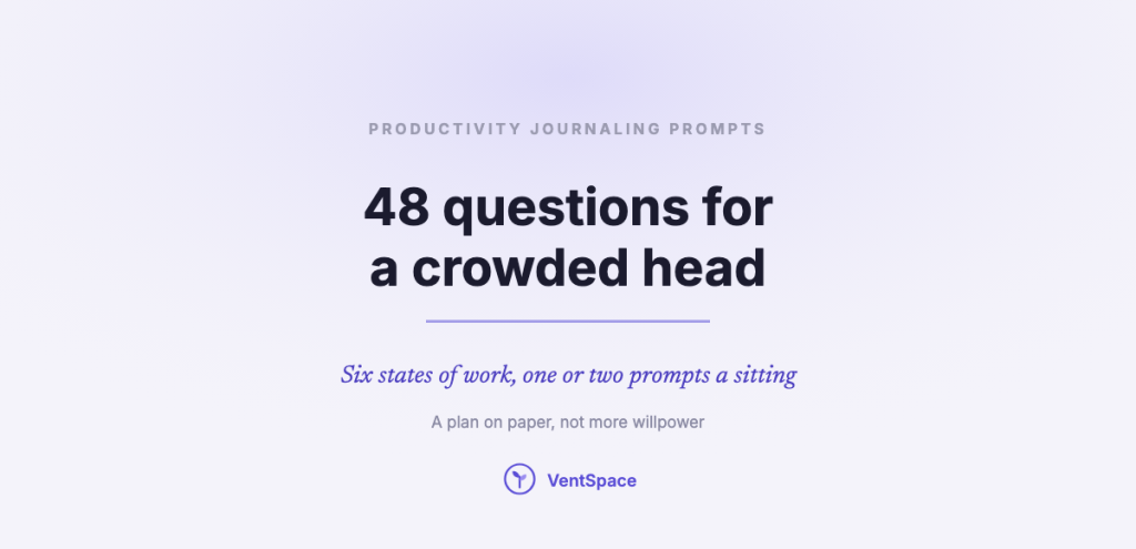 A title card reading productivity journaling prompts, 48 questions for a crowded head.