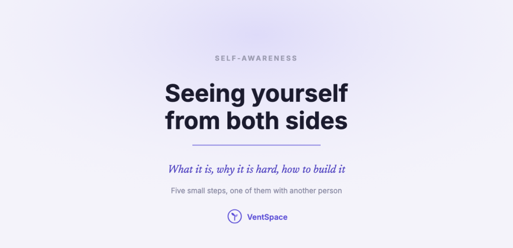 A calm title card reading self-awareness, seeing yourself from both sides: what it is, why it is hard, and how to build it in five small steps.
