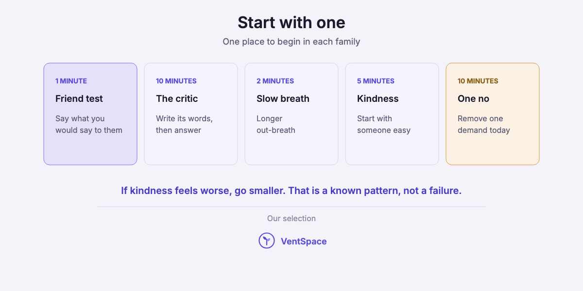 Five cards suggesting a first exercise from each family: the friend test, answering the critic, a slow breath, loving-kindness starting with someone easy, and one no for today.