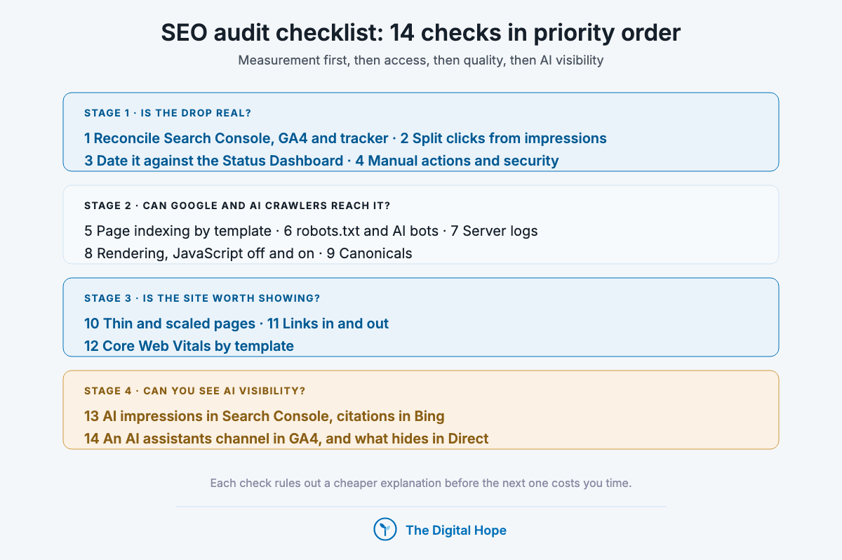 SEO audit checklist in priority order: 14 checks in four stages, measurement, crawler access, site quality and AI visibility.