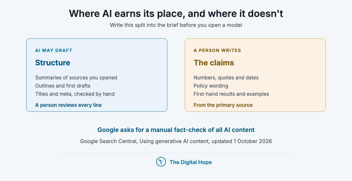 Two panels for AI-assisted SEO content writing: AI may draft summaries, outlines and metadata for review, while a person writes numbers, quotes, policy wording and first-hand results.