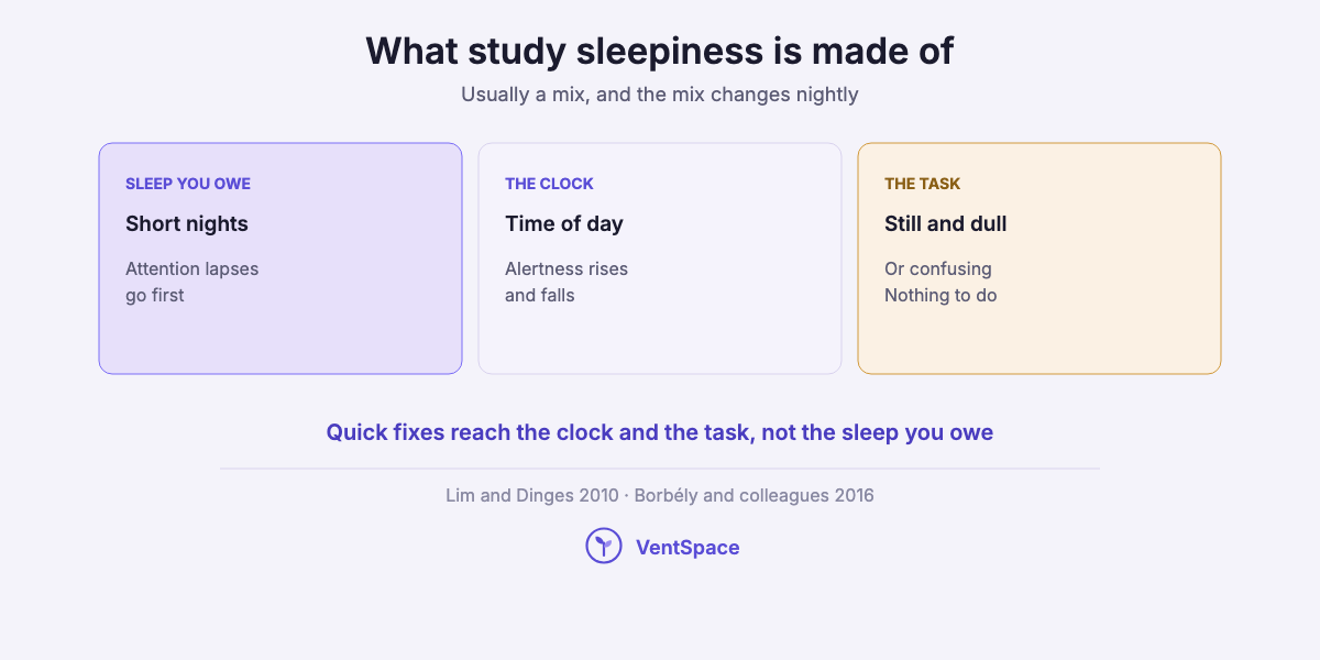Three cards showing what sleepiness while studying is made of: sleep you owe, the time of day, and a still, dull or confusing task, with a note that quick fixes reach only the last two.