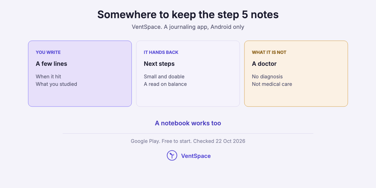 Three cards describing VentSpace as a journaling app: you write a few lines about when sleepiness hit, it hands back small next steps and a read on balance, and it is not a doctor or a diagnosis.