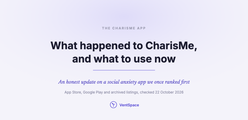 A title card reading what happened to CharisMe and what to use now, for someone whose social anxiety app changed name under them.