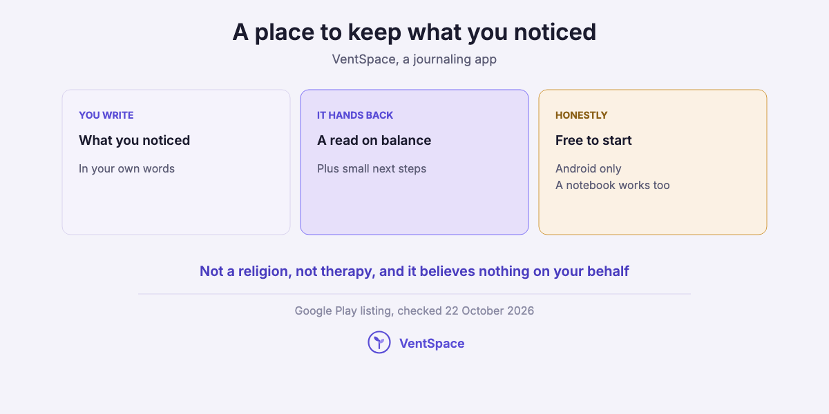 Three cards describing VentSpace as a journaling app: you write what you noticed, it hands back a read on balance and small next steps, and it is free to start and Android only.
