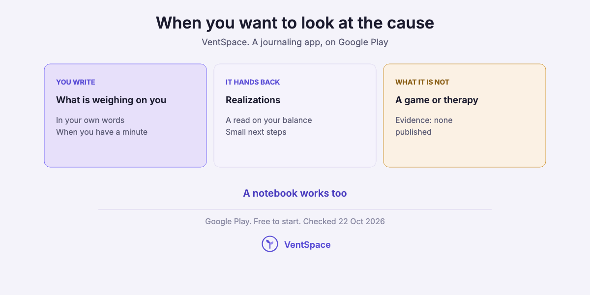 Three cards describing VentSpace as a journaling app: you write what is weighing on you, it hands back realizations and small next steps, and it is not a game or therapy.