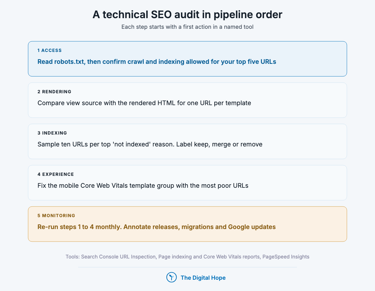 Five-step technical SEO audit: access, rendering, indexing, Core Web Vitals experience, and monitoring