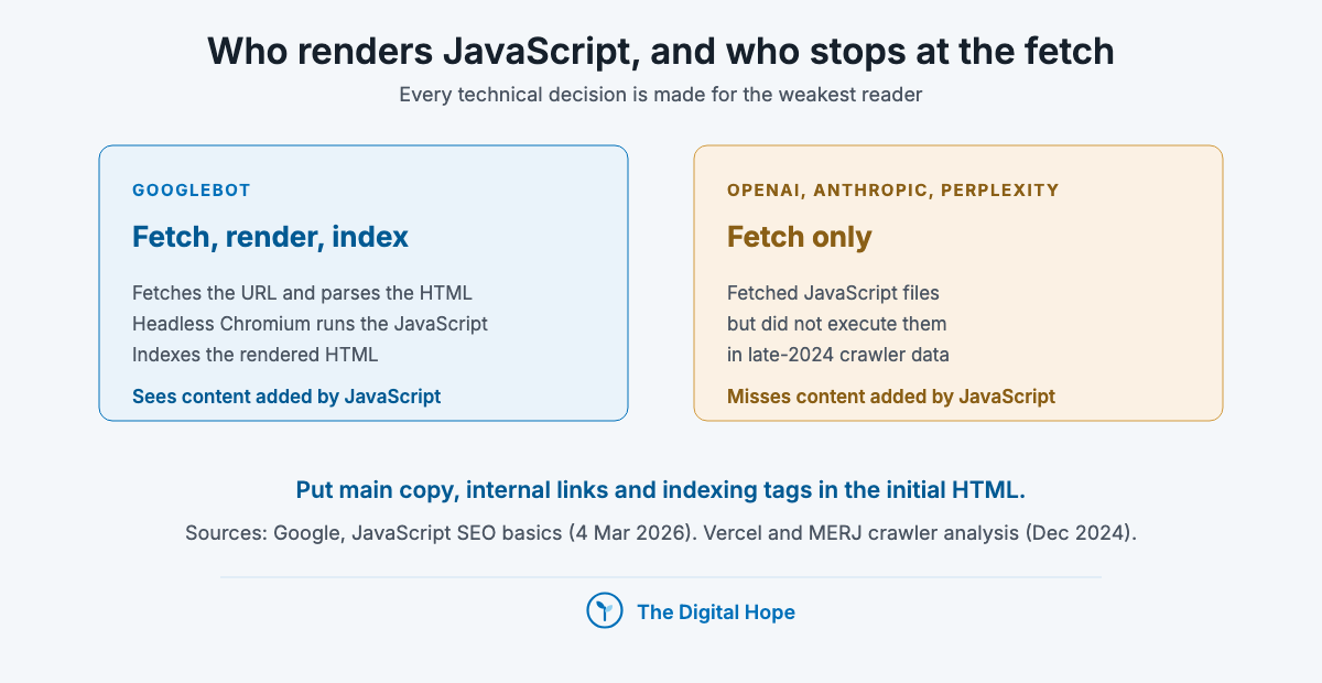 Technical SEO pipeline comparison: Googlebot fetches, renders and indexes, while OpenAI, Anthropic and Perplexity crawlers fetch without executing JavaScript