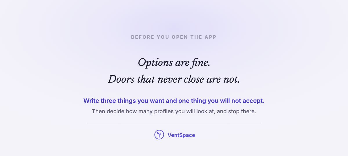 A card reading options are fine, doors that never close are not, with the prompt to write three things you want and one thing you will not accept.