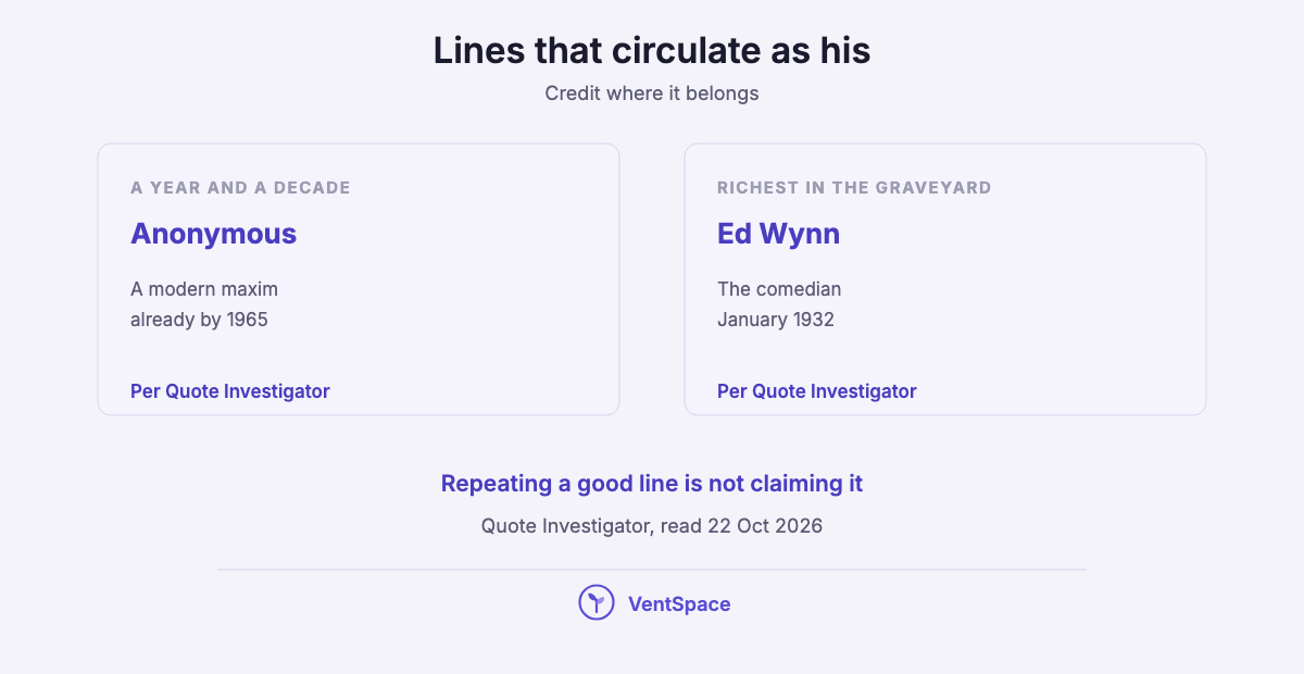 Two panels crediting lines often attributed to Tony Robbins: the year and decade saying, an anonymous maxim by 1965, and the richest man in the graveyard, the comedian Ed Wynn in 1932.
