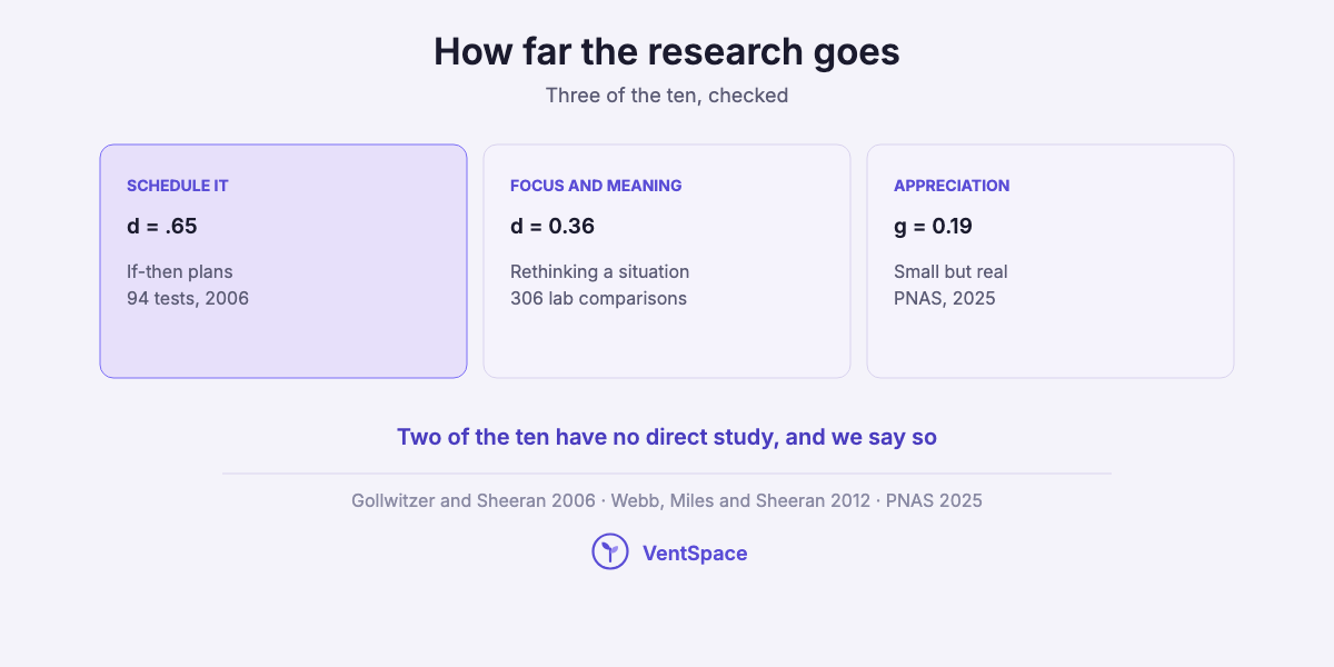 Three cards showing research behind Tony Robbins lessons: if-then planning d of .65, rethinking a situation d of 0.36, gratitude a small effect of 0.19.