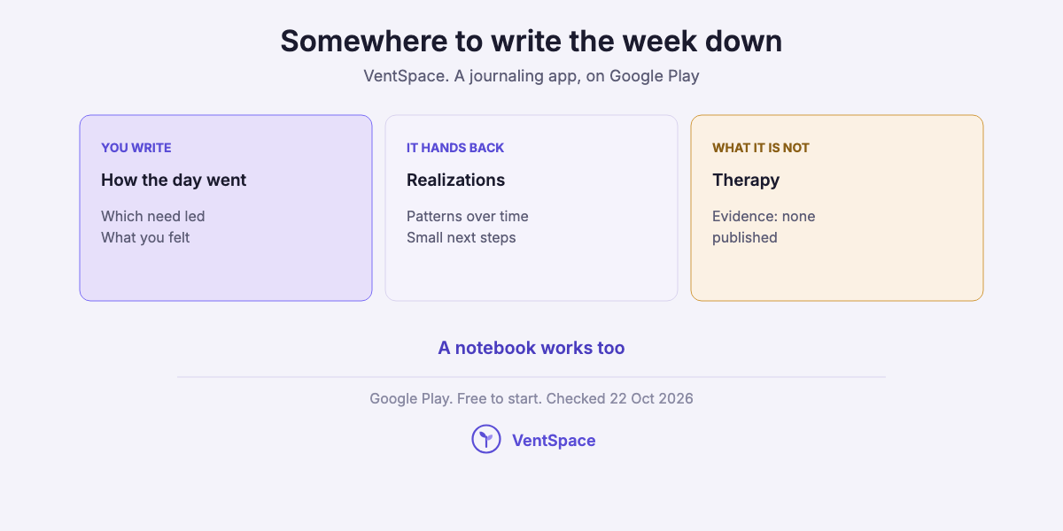 Three cards describing VentSpace as a journaling app: you write which need led your day and what you felt, it hands back realizations and small next steps, and it is not therapy.