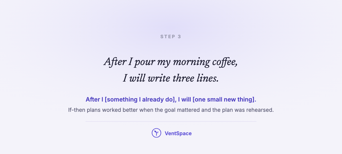 A card reading after I pour my morning coffee, I will write three lines, with the template after I do something I already do, I will do one small new thing.