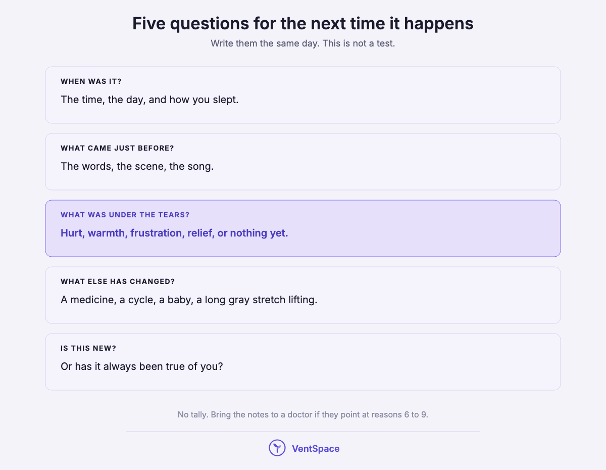 Five stacked questions to write down after crying: when it was, what came just before, what was under the tears, what else has changed, and whether it is new.